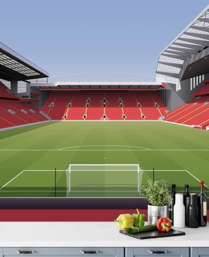 röd och grön fotbollsstadion tapetväggmålning kallad Anfield Football Stadium av Matthew J I Wood Design & Illustration för barnets sovrum