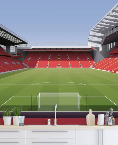 red and green football stadium wallpaper mural called Anfield Football Stadium by Matthew J I Wood Design & Illustration for child's bedroom
