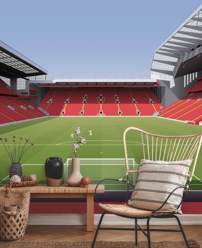 mural de papel de parede de estádio de futebol vermelho e verde chamado Estádio de Futebol de Anfield, de Matthew J I Wood Design & Illustration para quarto de criança