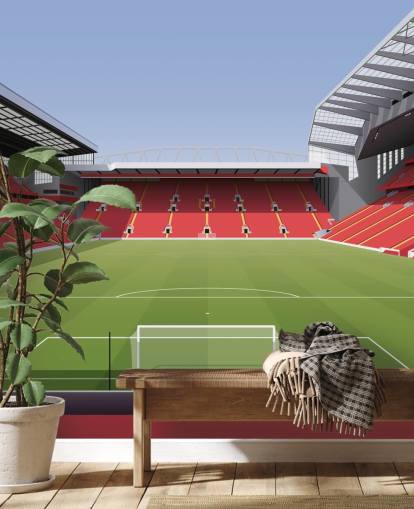 red and green football stadium wallpaper mural called Anfield Football Stadium by Matthew J I Wood Design & Illustration for child's bedroom