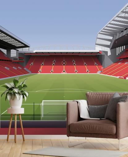 mural rojo y verde de un estadio de fútbol llamado Anfield Football Stadium de Matthew J I Wood Diseño e ilustración para dormitorio infantil