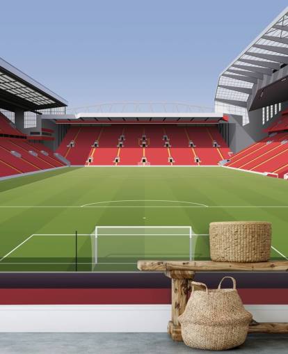 mural rojo y verde de un estadio de fútbol llamado Anfield Football Stadium de Matthew J I Wood Diseño e ilustración para dormitorio infantil