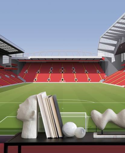 red and green football stadium wallpaper mural called Anfield Football Stadium by Matthew J I Wood Design & Illustration for child's bedroom