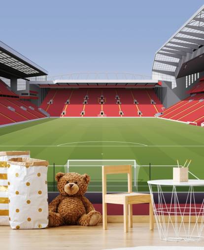mural rojo y verde de un estadio de fútbol llamado Anfield Football Stadium de Matthew J I Wood Diseño e ilustración para dormitorio infantil