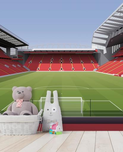 red and green football stadium wallpaper mural called Anfield Football Stadium by Matthew J I Wood Design & Illustration for child's bedroom