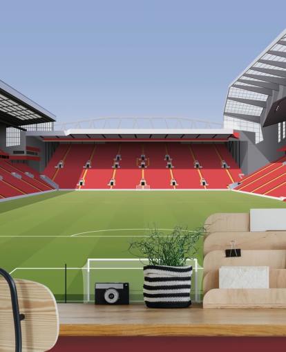 punainen ja vihreä jalkapallostadionin taustakuvamaalaus nimeltä Anfield Football Stadium, kirjoittanut Matthew J I Wood Design & Illustration lapsen makuuhuoneeseen