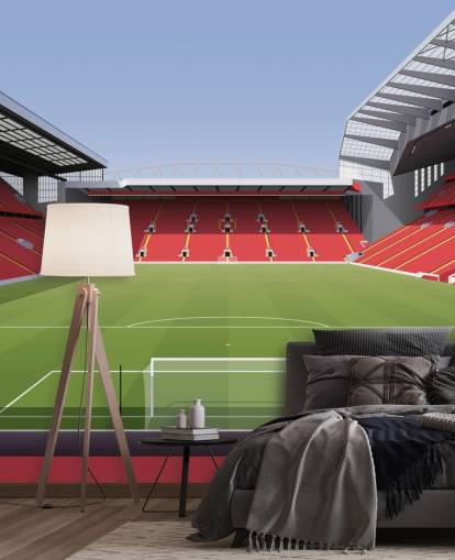 rødt og grønt fotballstadion tapet veggmaleri kalt Anfield Football Stadium av Matthew J I Wood Design & Illustrasjon for barnas soverom