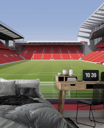 red and green football stadium wallpaper mural called Anfield Football Stadium by Matthew J I Wood Design & Illustration for child's bedroom