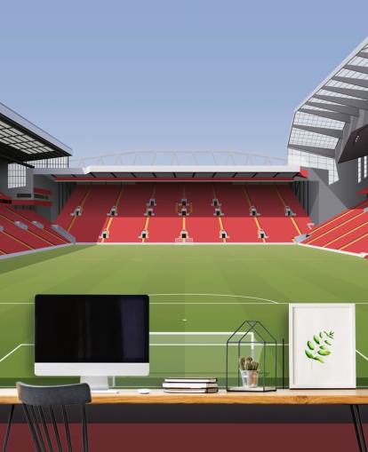 rode en groene muurschildering voor voetbalstadion genaamd Anfield Football Stadium van Matthew J I Wood Design & Illustration voor de kinderkamer rode en groene muurschildering voor voetbalstadion genaamd Anfield Football Stadium van Matthew J I Wood Design & Illustration voor de kinderkamer