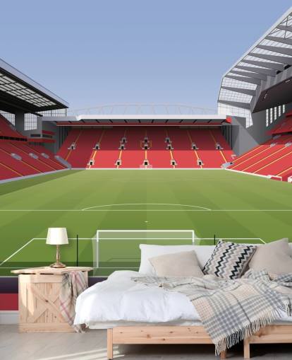 Rote und grüne Fußballstadion-Tapete namens Anfield Football Stadium von Matthew J I Wood Design & Illustration für das Kinderzimmer
