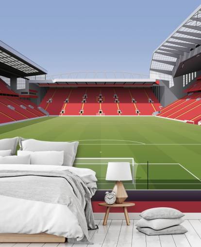 red and green football stadium wallpaper mural called Anfield Football Stadium by Matthew J I Wood Design & Illustration for child's bedroom