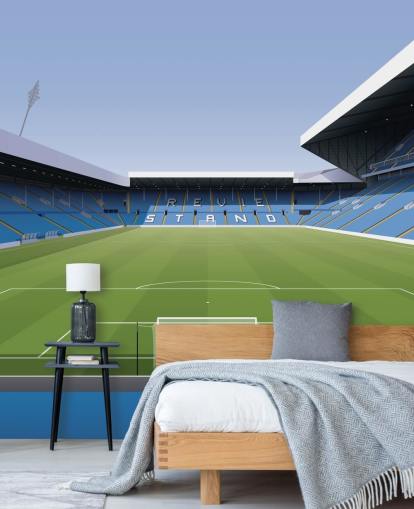 mural de papel pintado azul y verde de un estadio de fútbol llamado Elland Road Football Stadium para dormitorios de niños y salas de juegos de Matthew J I Wood Design & Illustration