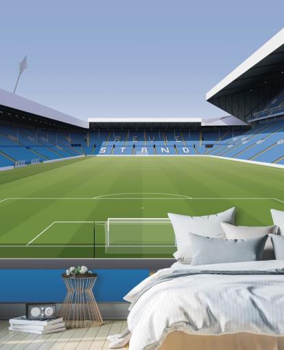 mural de papel pintado azul y verde de un estadio de fútbol llamado Elland Road Football Stadium para dormitorios de niños y salas de juegos de Matthew J I Wood Design & Illustration mural de papel pintado azul y verde de un estadio de fútbol llamado Elland Road Football Stadium para dormitorios de niños y salas de juegos de Matthew J I Wood Design & Illustration