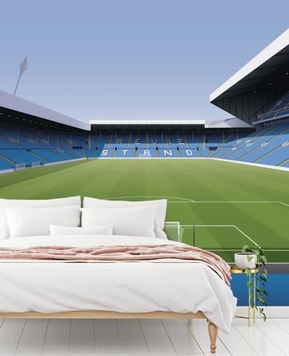 blue and green football stadium wallpaper mural called Elland Road Football Stadium for children's bedrooms and games rooms by Matthew J I Wood Design & Illustration