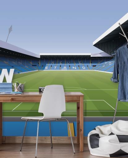 blå og grøn fodboldstadion tapetmaleri kaldet Elland Road Football Stadium til børns soveværelser og spillelokaler af Matthew J I Wood Design & Illustration