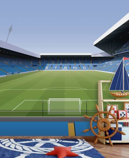 Blau-grüne Fußballstadion-Tapete namens Elland Road Football Stadium für Kinder- und Spielzimmer von Matthew J I Wood Design & Illustration