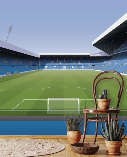 mural de papel pintado azul y verde de un estadio de fútbol llamado Elland Road Football Stadium para dormitorios de niños y salas de juegos de Matthew J I Wood Design & Illustration