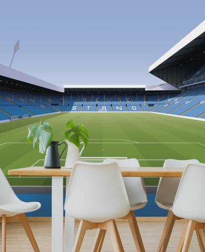 blå och grön fotbollsstadion tapetväggmålning kallad Elland Road Football Stadium för barns sovrum och spelrum av Matthew J I Wood Design & Illustration