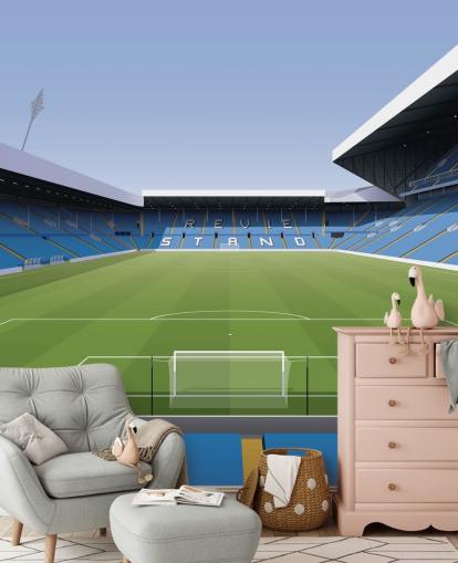 blue and green football stadium wallpaper mural called Elland Road Football Stadium for children's bedrooms and games rooms by Matthew J I Wood Design & Illustration