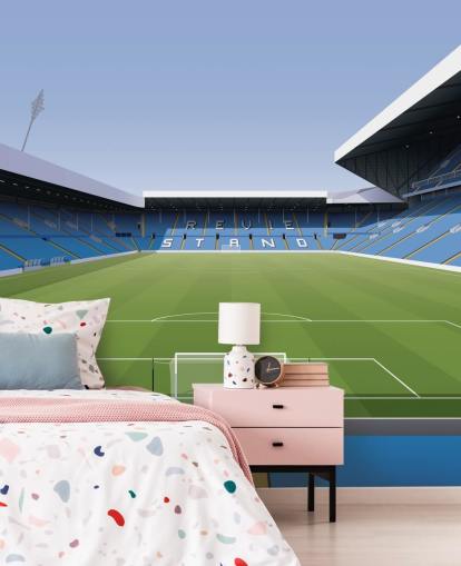 mural de papel pintado azul y verde de un estadio de fútbol llamado Elland Road Football Stadium para dormitorios de niños y salas de juegos de Matthew J I Wood Design & Illustration