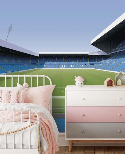 blue and green football stadium wallpaper mural called Elland Road Football Stadium for children's bedrooms and games rooms by Matthew J I Wood Design & Illustration