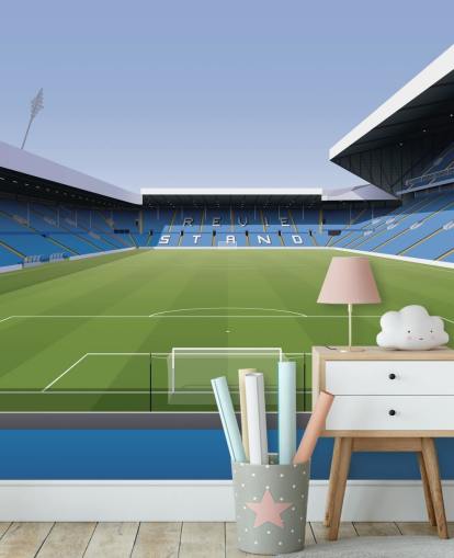 blue and green football stadium wallpaper mural called Elland Road Football Stadium for children's bedrooms and games rooms by Matthew J I Wood Design & Illustration
