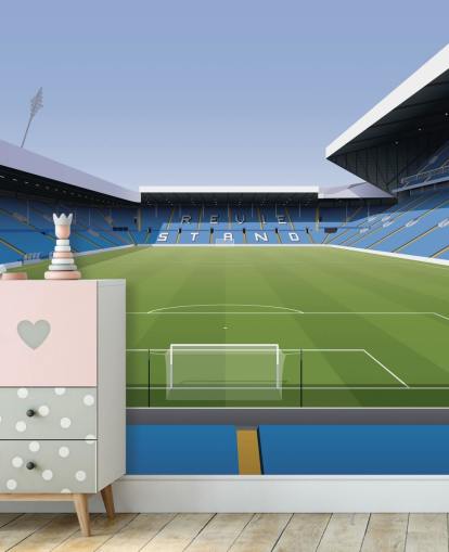 Blau-grüne Fußballstadion-Tapete namens Elland Road Football Stadium für Kinder- und Spielzimmer von Matthew J I Wood Design & Illustration
