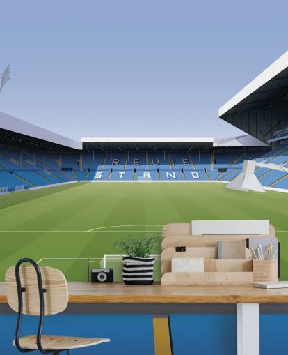 mural de papel pintado azul y verde de un estadio de fútbol llamado Elland Road Football Stadium para dormitorios de niños y salas de juegos de Matthew J I Wood Design & Illustration