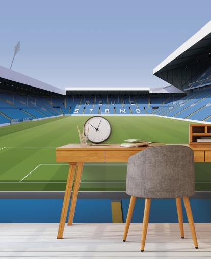 Carta da parati murale con stadio di calcio blu e verde chiamato Elland Road Football Stadium per camerette e sale giochi dei bambini di Matthew J I Wood Design & Illustration
