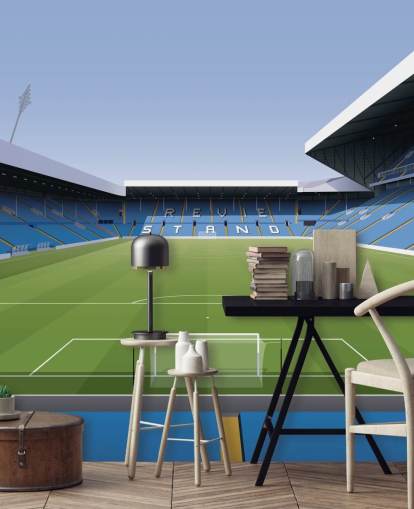 blå och grön fotbollsstadion tapetväggmålning kallad Elland Road Football Stadium för barns sovrum och spelrum av Matthew J I Wood Design & Illustration