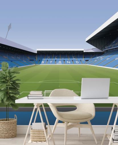 mural de papel de parede de estádio de futebol azul e verde chamado Elland Road Football Stadium para quartos infantis e salas de jogos de Matthew J I Wood Design & Illustration mural de papel de parede de estádio de futebol azul e verde chamado Elland Road Football Stadium para quartos infantis e salas de jogos de Matthew J I Wood Design & Illustration