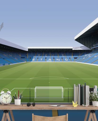 mural de papel pintado azul y verde de un estadio de fútbol llamado Elland Road Football Stadium para dormitorios de niños y salas de juegos de Matthew J I Wood Design & Illustration