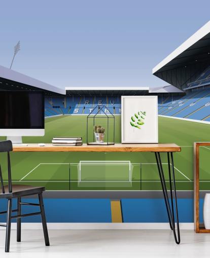 blå og grøn fodboldstadion tapetmaleri kaldet Elland Road Football Stadium til børns soveværelser og spillelokaler af Matthew J I Wood Design & Illustration