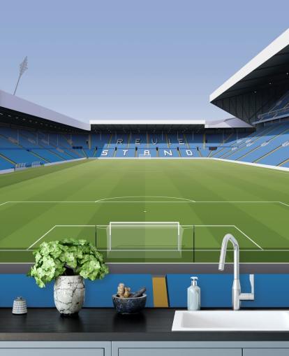 blue and green football stadium wallpaper mural called Elland Road Football Stadium for children's bedrooms and games rooms by Matthew J I Wood Design & Illustration