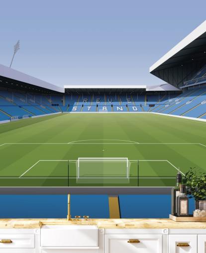 blå og grønn fotballstadion tapet veggmaleri kalt Elland Road Football Stadium for barnas soverom og spillrom av Matthew J I Wood Design & Illustration
