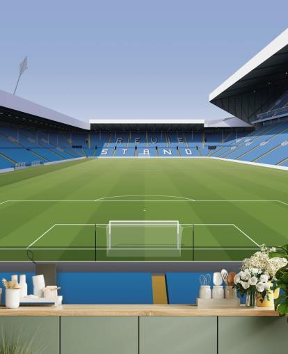 mural de papel pintado azul y verde de un estadio de fútbol llamado Elland Road Football Stadium para dormitorios de niños y salas de juegos de Matthew J I Wood Design & Illustration mural de papel pintado azul y verde de un estadio de fútbol llamado Elland Road Football Stadium para dormitorios de niños y salas de juegos de Matthew J I Wood Design & Illustration
