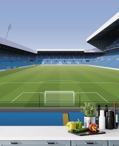blue and green football stadium wallpaper mural called Elland Road Football Stadium for children's bedrooms and games rooms by Matthew J I Wood Design & Illustration