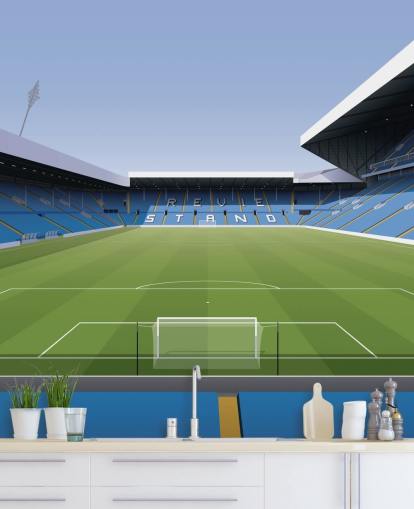 mural de papel pintado azul y verde de un estadio de fútbol llamado Elland Road Football Stadium para dormitorios de niños y salas de juegos de Matthew J I Wood Design & Illustration