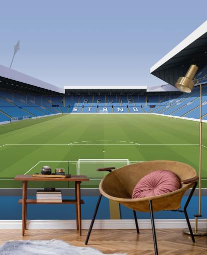 sininen ja vihreä jalkapallostadionin taustakuvamaalaus nimeltä Elland Road Football Stadium lasten makuuhuoneisiin ja pelihuoneisiin, kirjoittanut Matthew J I Wood Design & Illustration