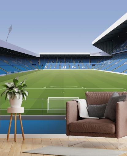 Blau-grüne Fußballstadion-Tapete namens Elland Road Football Stadium für Kinder- und Spielzimmer von Matthew J I Wood Design & Illustration