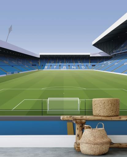 blue and green football stadium wallpaper mural called Elland Road Football Stadium for children's bedrooms and games rooms by Matthew J I Wood Design & Illustration