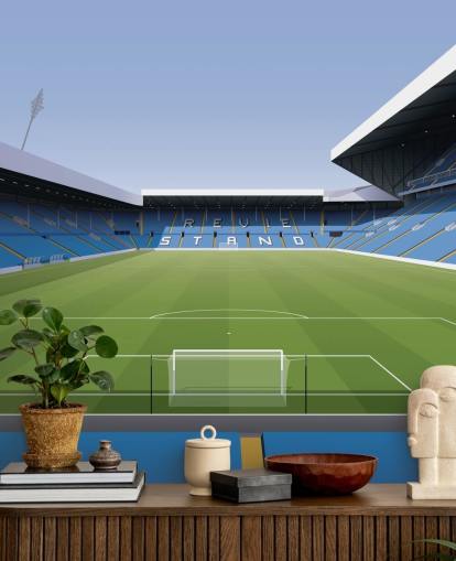 mural de papel de parede de estádio de futebol azul e verde chamado Elland Road Football Stadium para quartos infantis e salas de jogos de Matthew J I Wood Design & Illustration