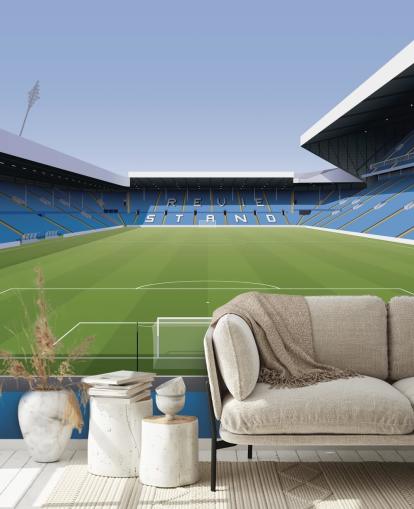 papier peint mural de stade de football bleu et vert appelé Elland Road Football Stadium pour les chambres d'enfants et les salles de jeux par Matthew J I Wood Design & Illustration