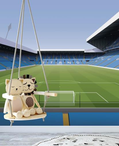 mural de papel pintado azul y verde de un estadio de fútbol llamado Elland Road Football Stadium para dormitorios de niños y salas de juegos de Matthew J I Wood Design & Illustration mural de papel pintado azul y verde de un estadio de fútbol llamado Elland Road Football Stadium para dormitorios de niños y salas de juegos de Matthew J I Wood Design & Illustration