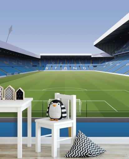 blå og grønn fotballstadion tapet veggmaleri kalt Elland Road Football Stadium for barnas soverom og spillrom av Matthew J I Wood Design & Illustration