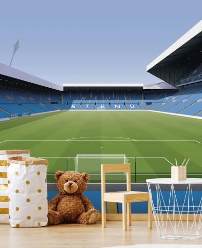 mural de papel pintado azul y verde de un estadio de fútbol llamado Elland Road Football Stadium para dormitorios de niños y salas de juegos de Matthew J I Wood Design & Illustration