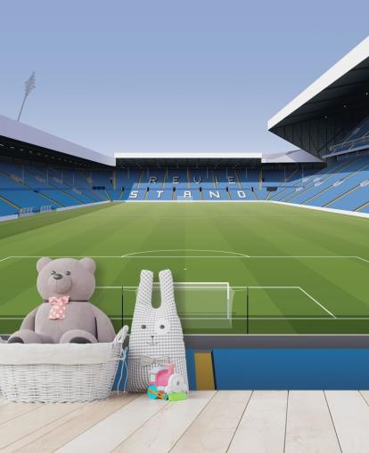 blue and green football stadium wallpaper mural called Elland Road Football Stadium for children's bedrooms and games rooms by Matthew J I Wood Design & Illustration