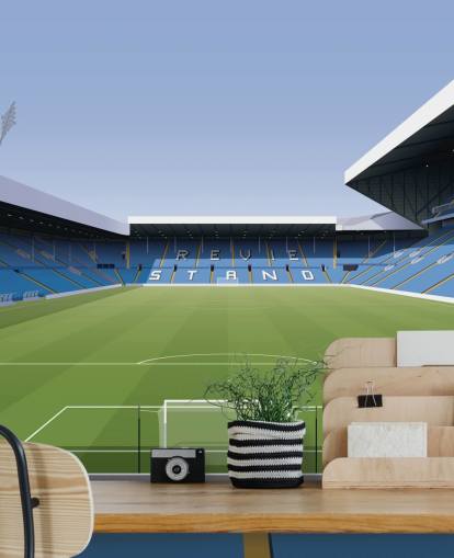 Blau-grüne Fußballstadion-Tapete namens Elland Road Football Stadium für Kinder- und Spielzimmer von Matthew J I Wood Design & Illustration