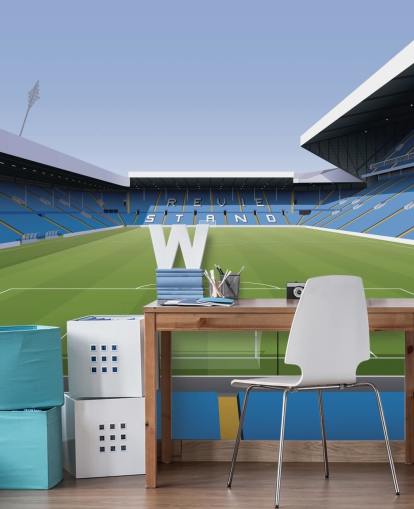 blauw en groen voetbalstadion muurschildering genaamd Elland Road Football Stadium voor kinderkamers en speelkamers door Matthew J I Wood Design & Illustration