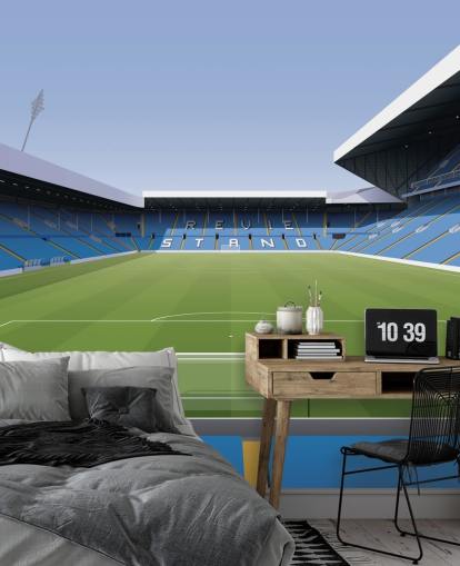 blå og grøn fodboldstadion tapetmaleri kaldet Elland Road Football Stadium til børns soveværelser og spillelokaler af Matthew J I Wood Design & Illustration